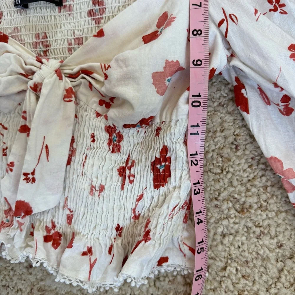 Floral Puff Sleeve Blouse Top Smocked Waist Front Tie Large Boho peasant